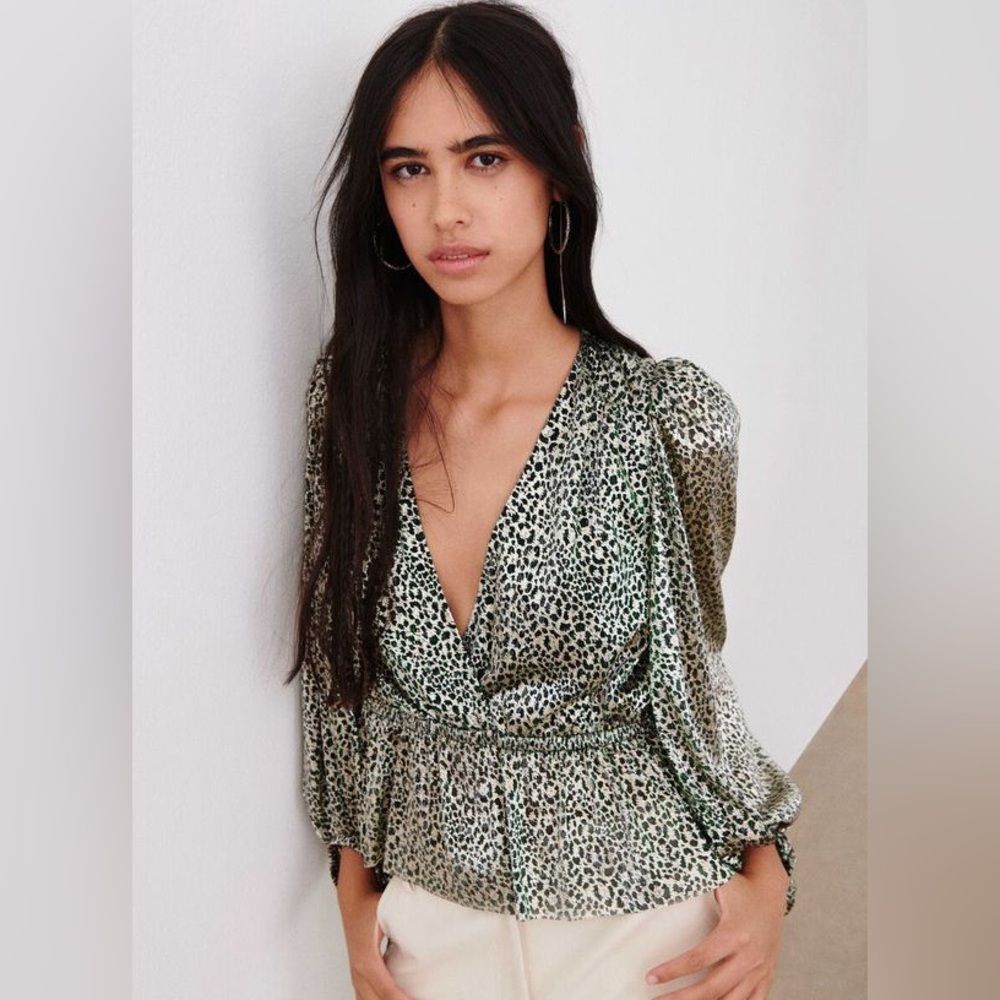 BA&SH Lurex Caitlin Leopard Puff Shoulder Blouse Green Gold Size XS